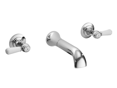 Hudson Reed Topaz With Lever Wall Mounted Bath Spout & Stop Taps (Hexagonal Collar)  -  White (BC309HL) - 15294
